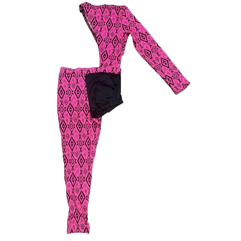 Weissman One Leg Arm Dance Costume Size M Hot Pink Black Cutout Biketard Unitard